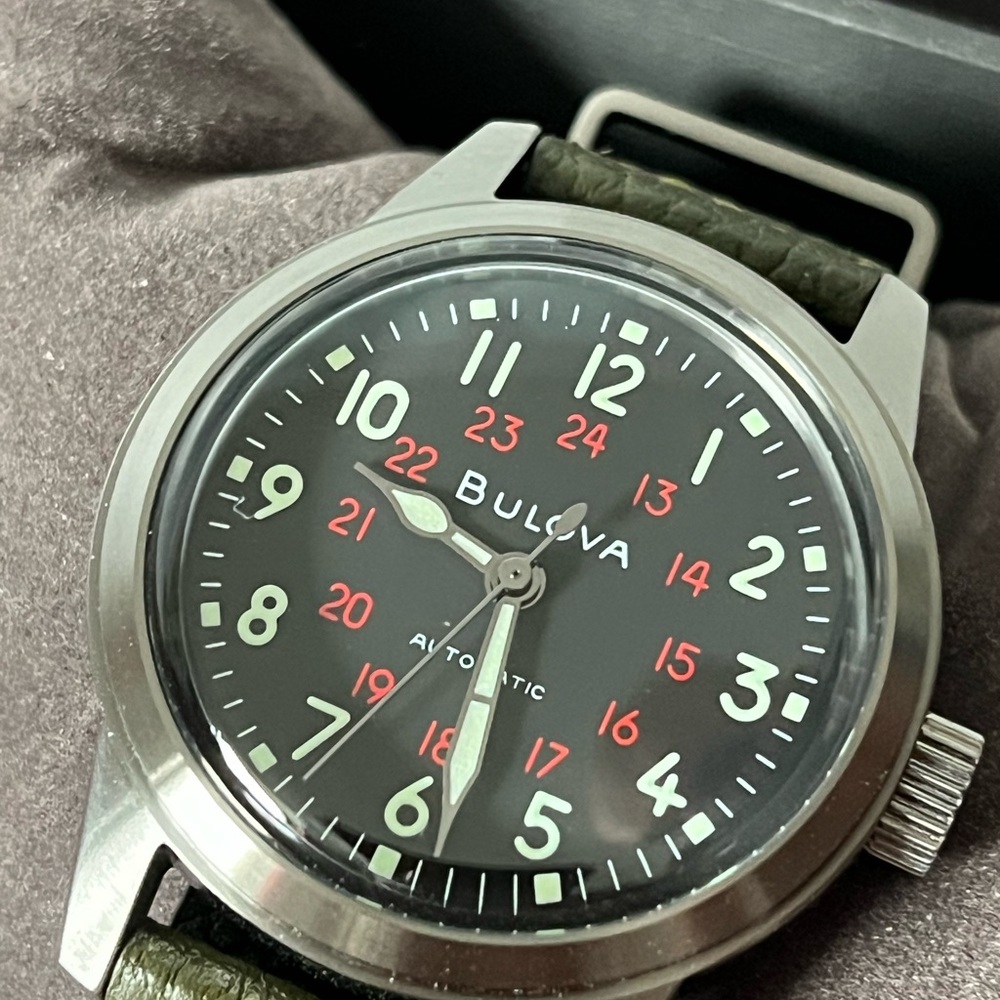 Bulova Black Dial Watch with Olive Green Strap - Picture 4 of 13